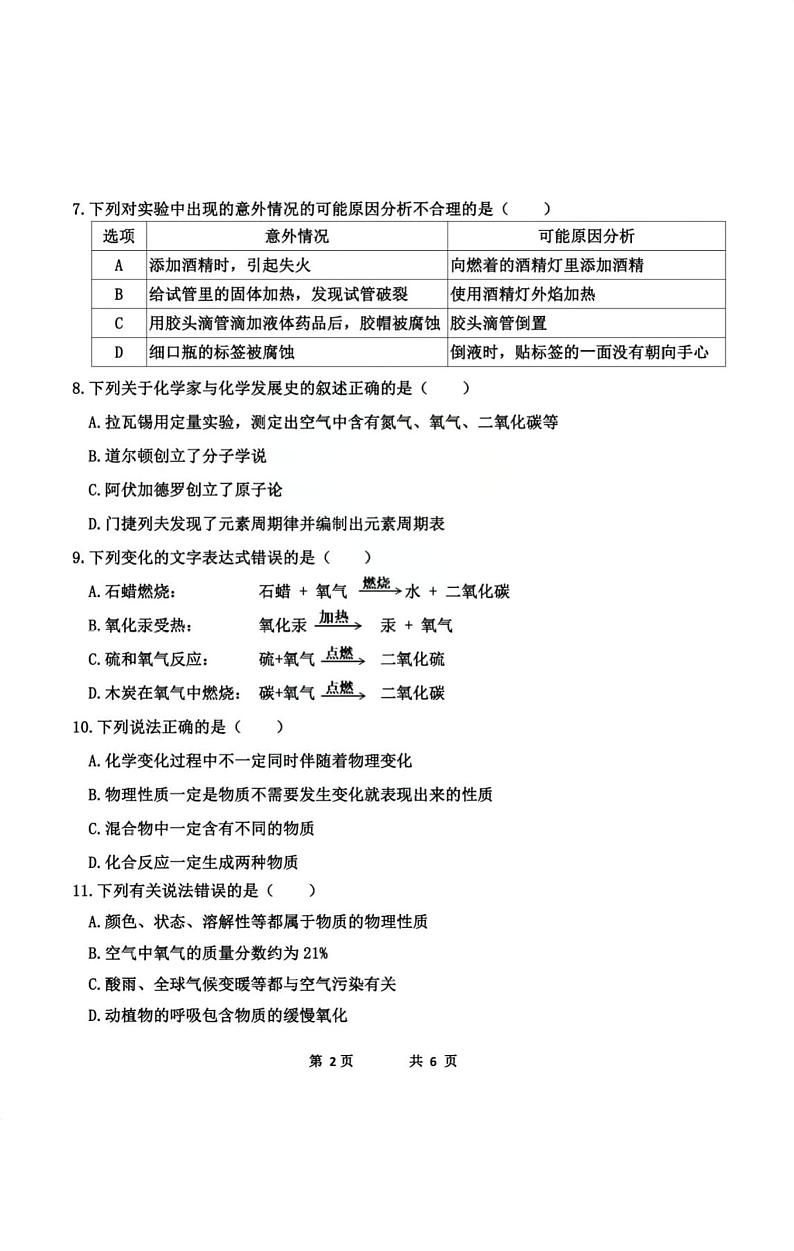 黑龙江省哈尔滨市工业大学附属中学2023-2024学年八年级上学期期中化学试题02
