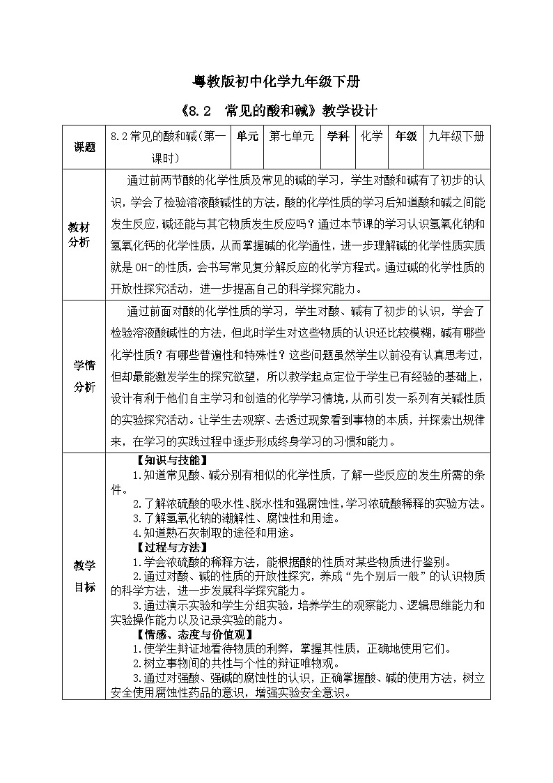 【核心素养目标】粤教版初中化学九年级下册《8.2  常见的酸和碱》教学设计第1页