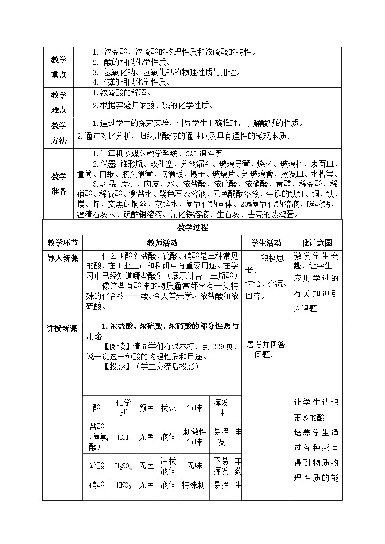 【核心素养目标】粤教版初中化学九年级下册《8.2  常见的酸和碱》教学设计第2页