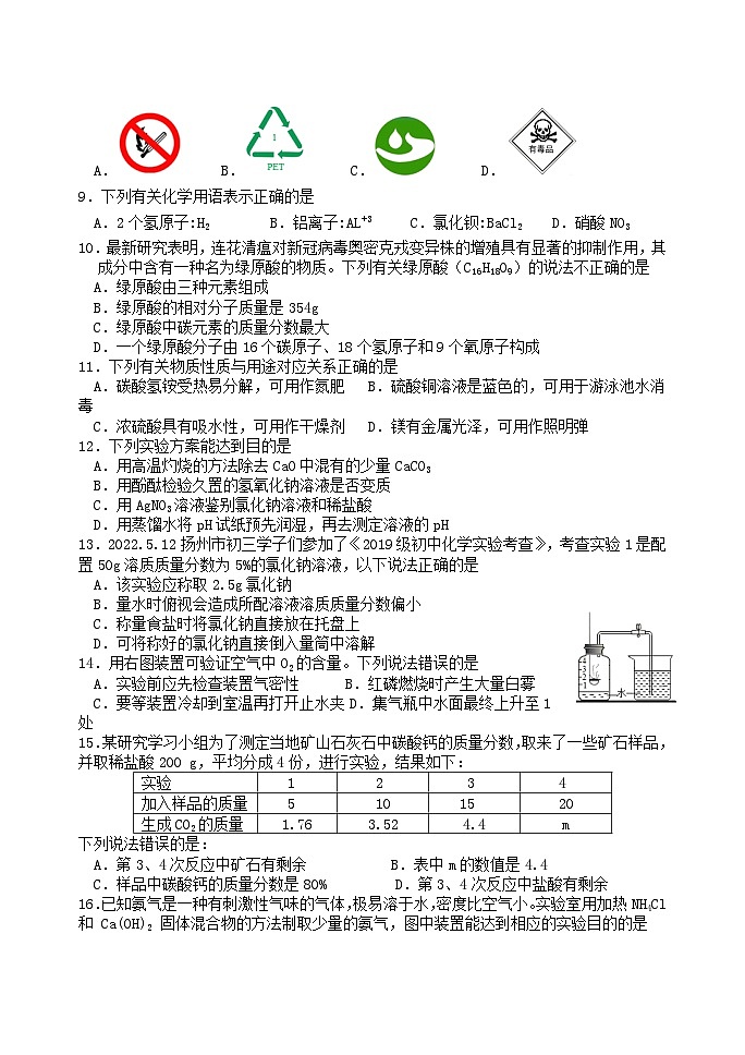 江苏省扬州树人学校2022届中考化学三模试卷及答案02