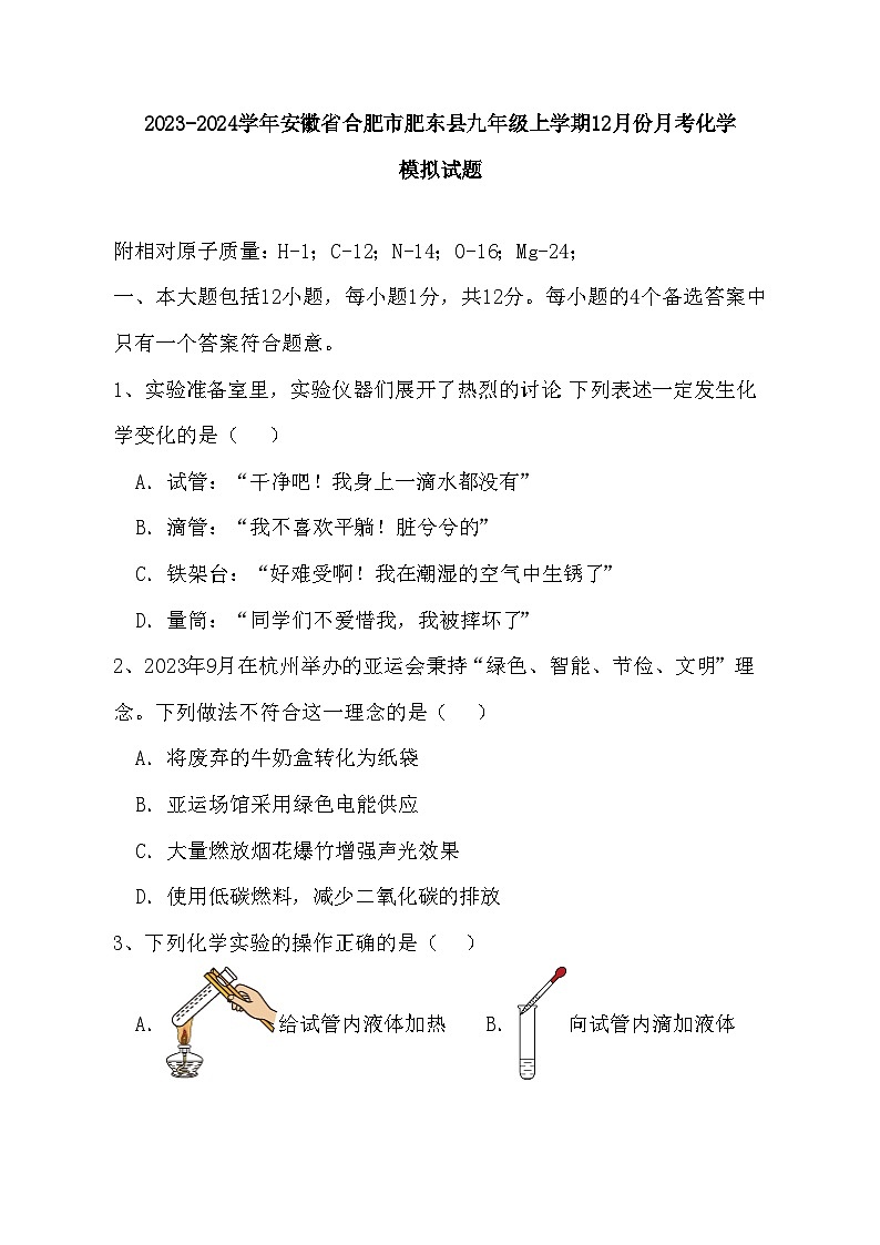 2023-2024学年安徽省合肥市肥东县九年级上学期12月份月考化学模拟试题（含答案）第1页