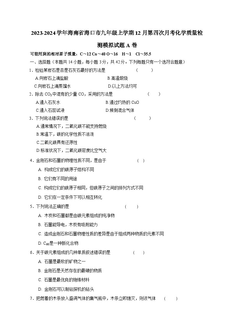 2023-2024学年海南省海口市九年级上学期12月第四次月考化学质量检测模拟试题A卷（含答案）第1页