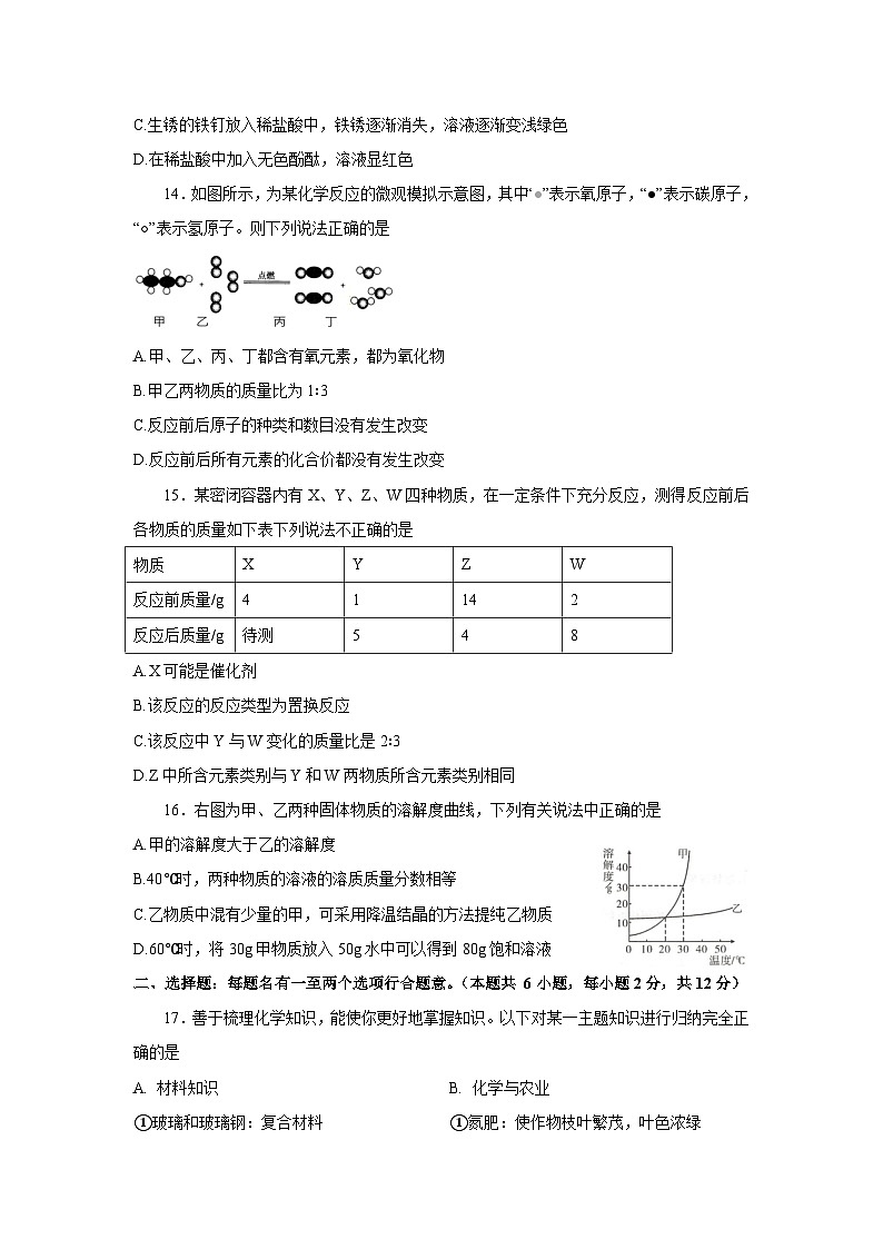 2022年山东青岛莱西市中考二模考试化学试题(word版无答案)03