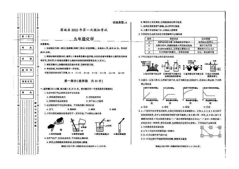 陕西省渭南市蒲城县2021-2022学年下学期九年级一模化学试卷第1页