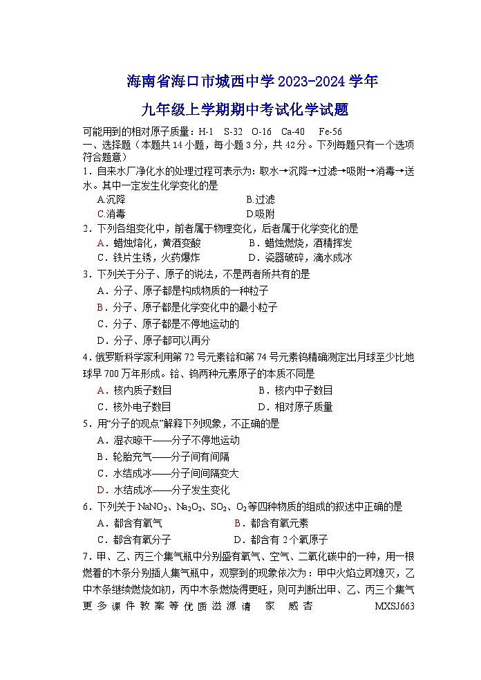海南省海口市城西中学2023-2024学年九年级上学期期中考试化学试题01