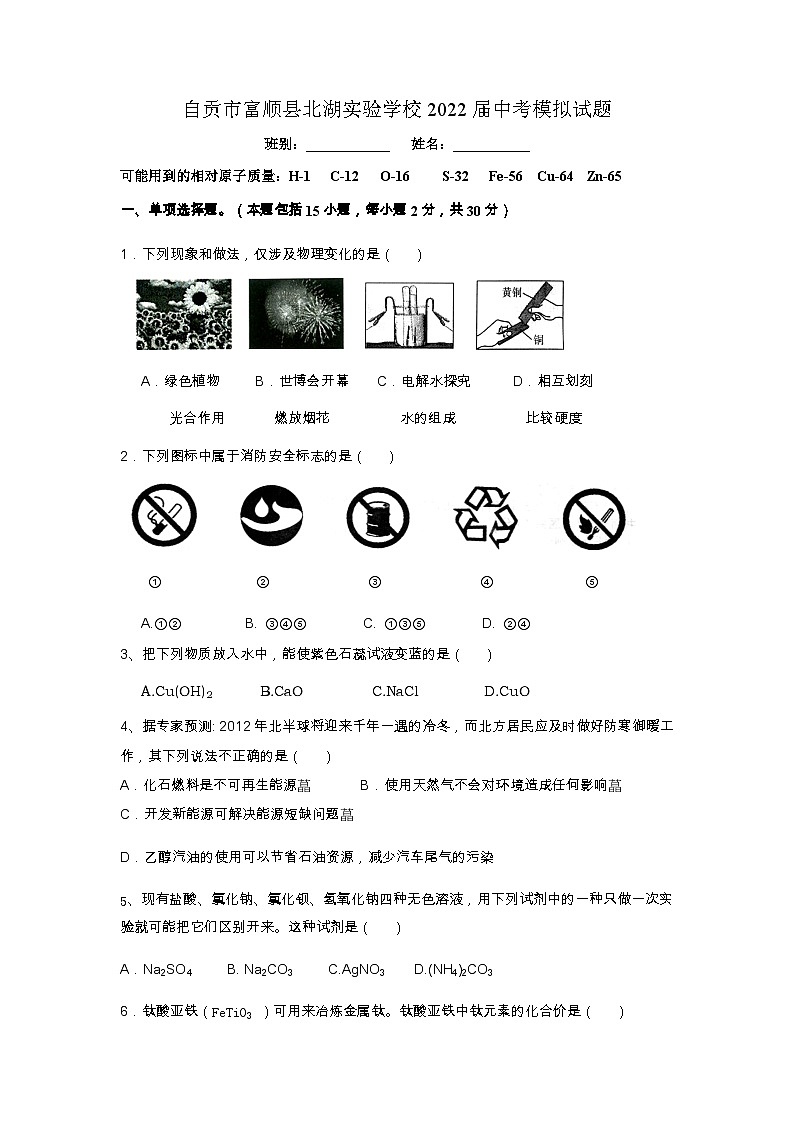 2022年四川省自贡市富顺县北湖实验学校中考模拟化学试题二  word版 无答案01