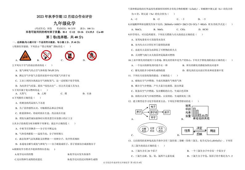 广西民族大学附属中学2023-2024学年九年级上学期12月综合作业评价化学试卷01