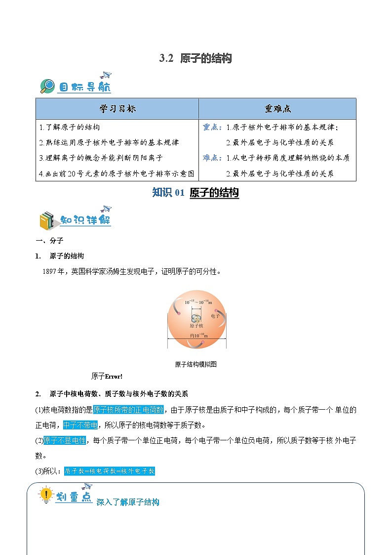 3.2 原子的结构（含培优竞赛试题）-2023-2024学年九年级化学上册同步讲与练（人教版）01