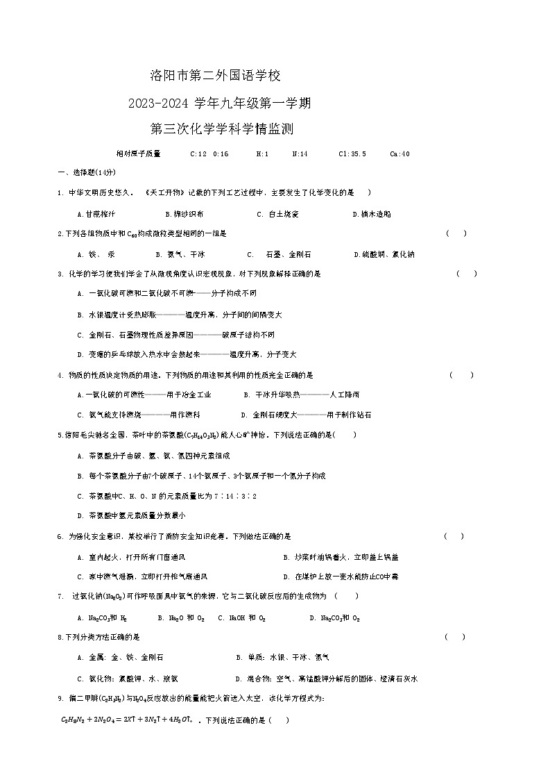 河南省洛阳市第二外国语学校2023-2024学年九年级上学期12月月考化学试题第1页