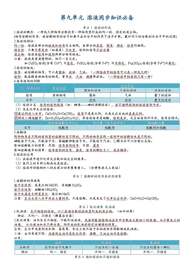 中考化学一轮复习 第9单元溶液-九年级化学必备单元知识清单（人教版）第1页