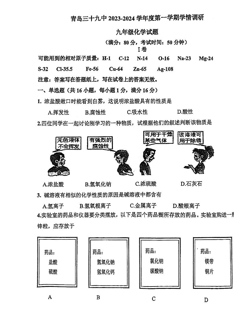 山东省青岛市第三十九中学2023-2024学年九年级上学期12月份月考化学试卷第1页