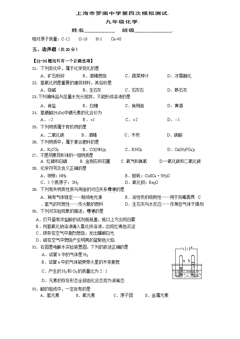2021年上海市罗南中学中考第四次模拟考试化学试题（word版）第1页