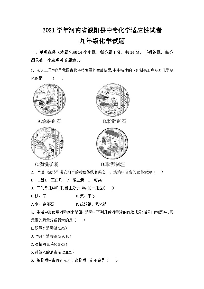 2021学年河南省濮阳县中考化学适应性试卷第1页