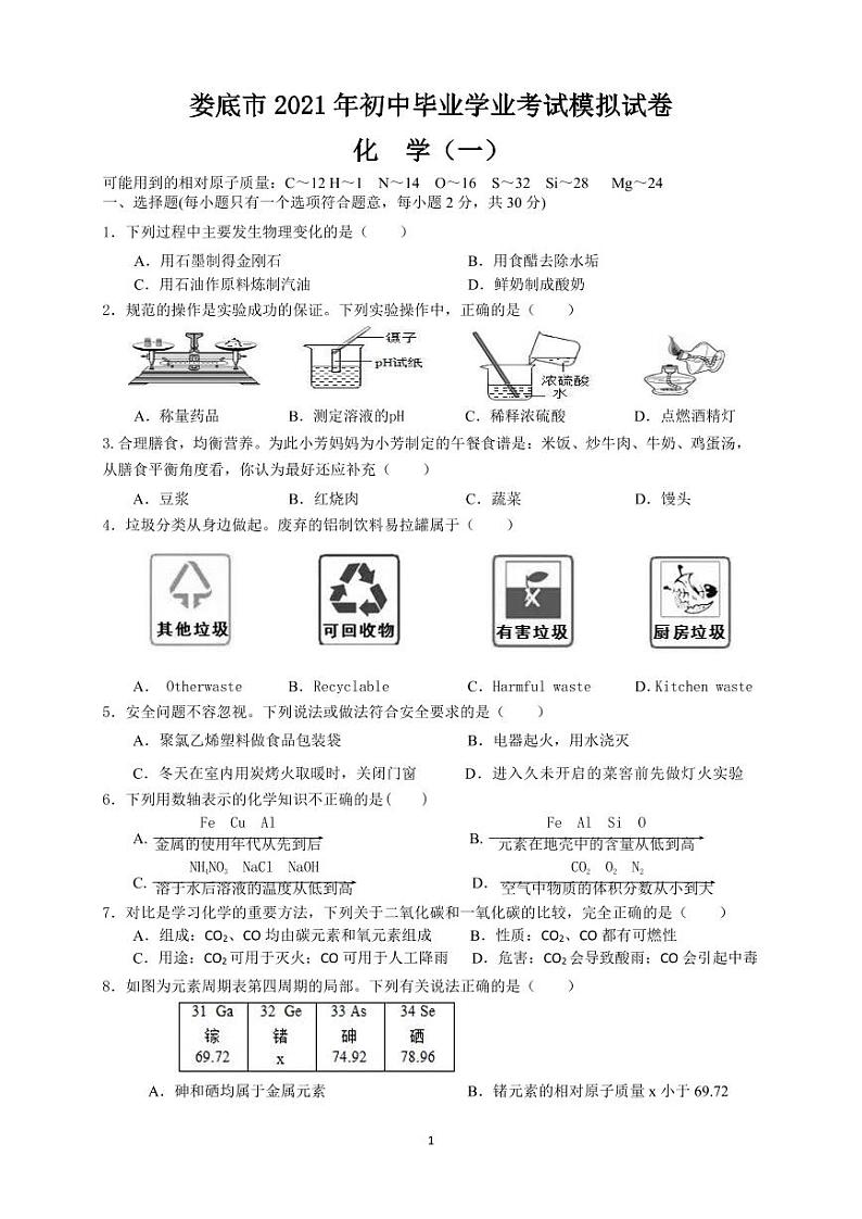 湖南省娄底市2021年初中毕业学业考试模拟试卷化学（一）第1页