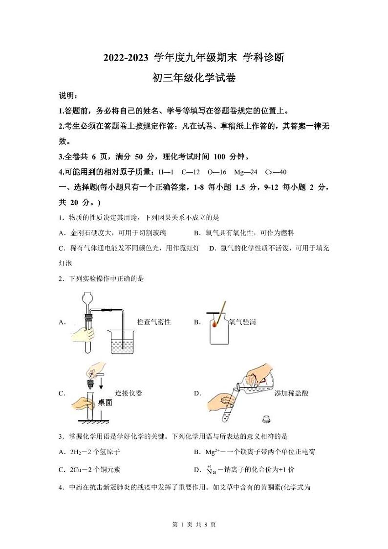 2022-2023学年深圳中学九年级（上学期）期末化学试卷01