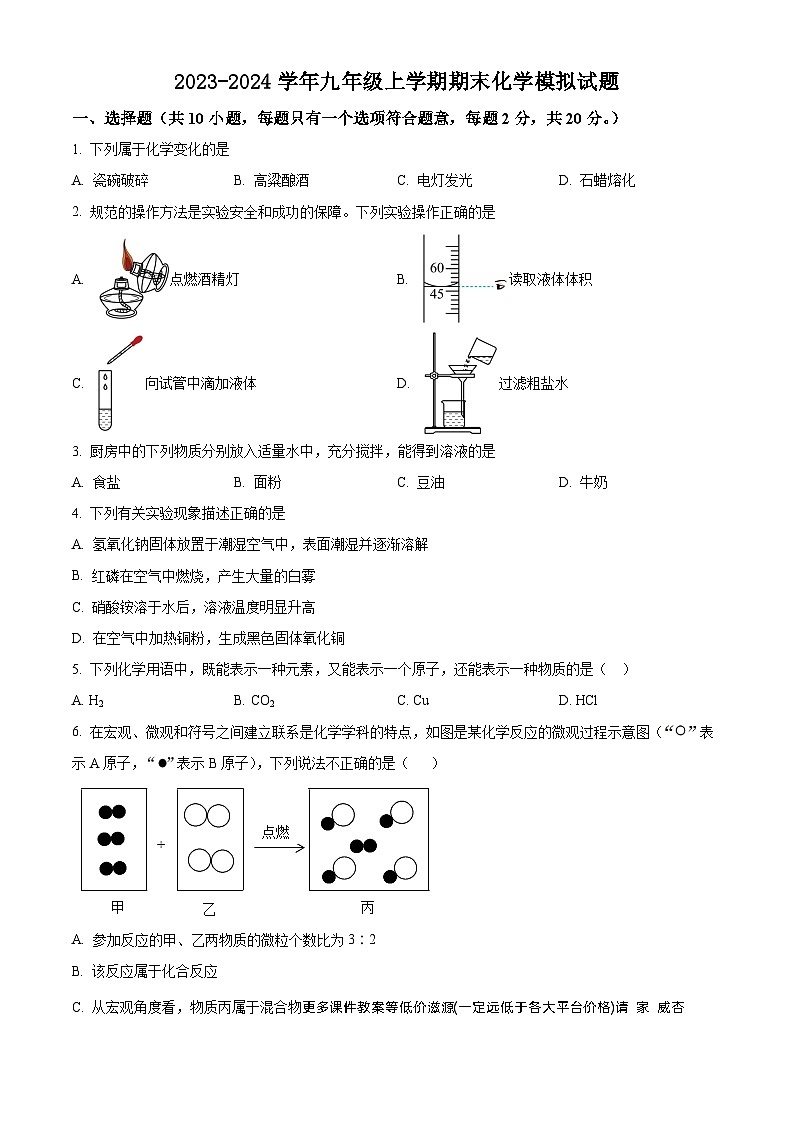 江苏省宿迁市2023-2024学年九年级上学期期末模拟化学试题第1页