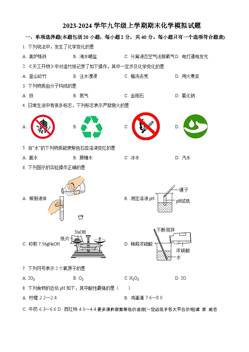 江苏省扬州市高邮市汪曾祺学校2023-2024学年九年级上学期期末化学模拟试题第1页