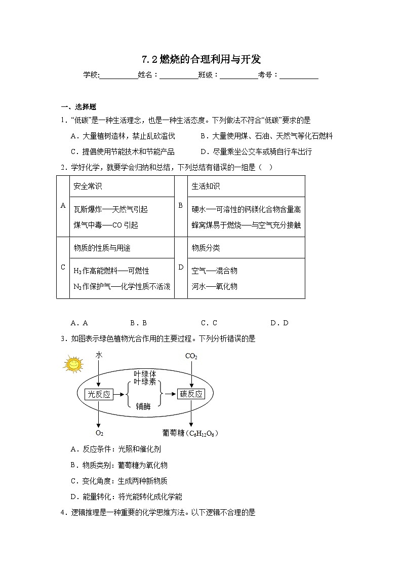 7.2燃烧的合理利用与开发同步练习 人教版初中化学九年级上册第1页