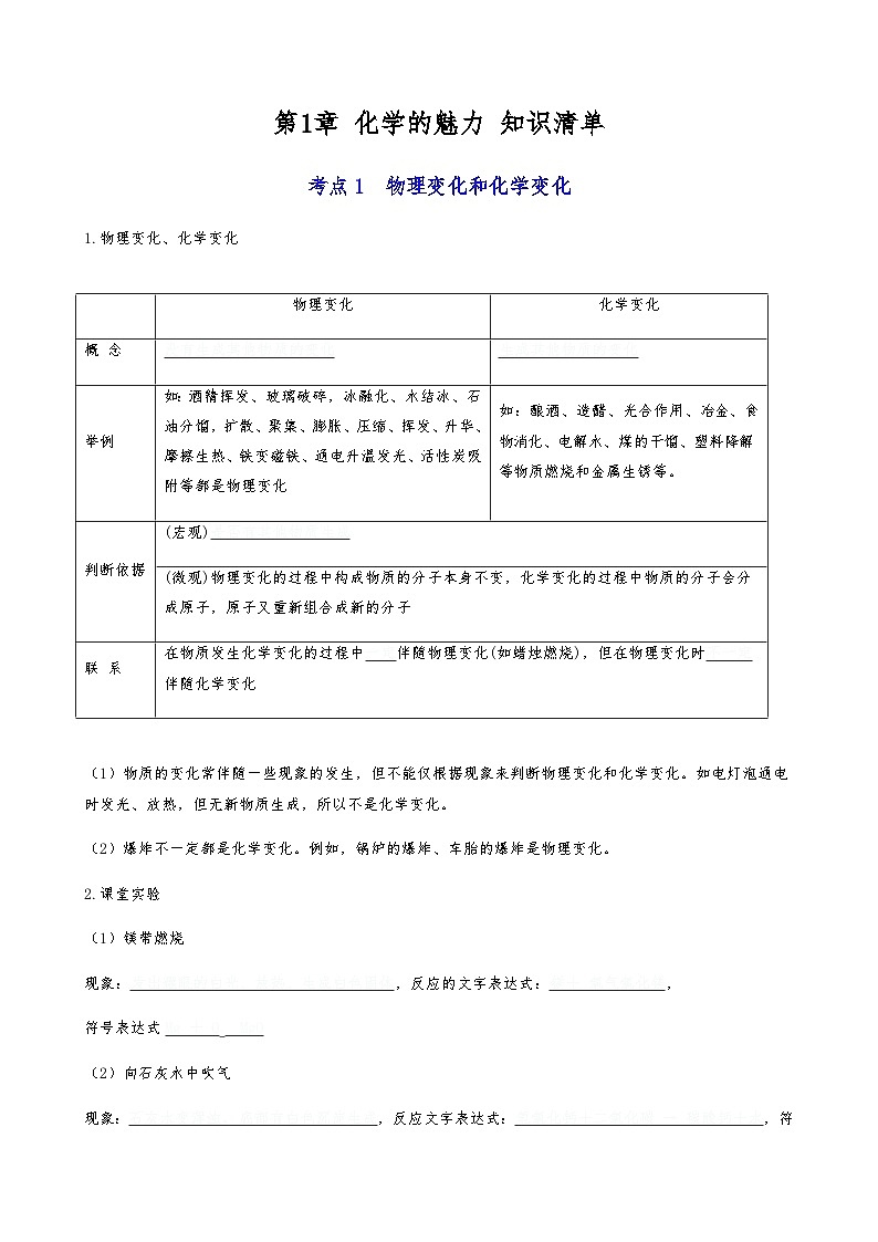 第1章 化学的魅力-【知识清单】2023-2024学年九年级化学上学期单元AB卷（沪教版.上海）01