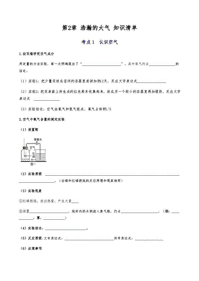 第2章 浩瀚的大气-【知识清单】2023-2024学年九年级化学上学期单元AB卷（沪教版.上海）01
