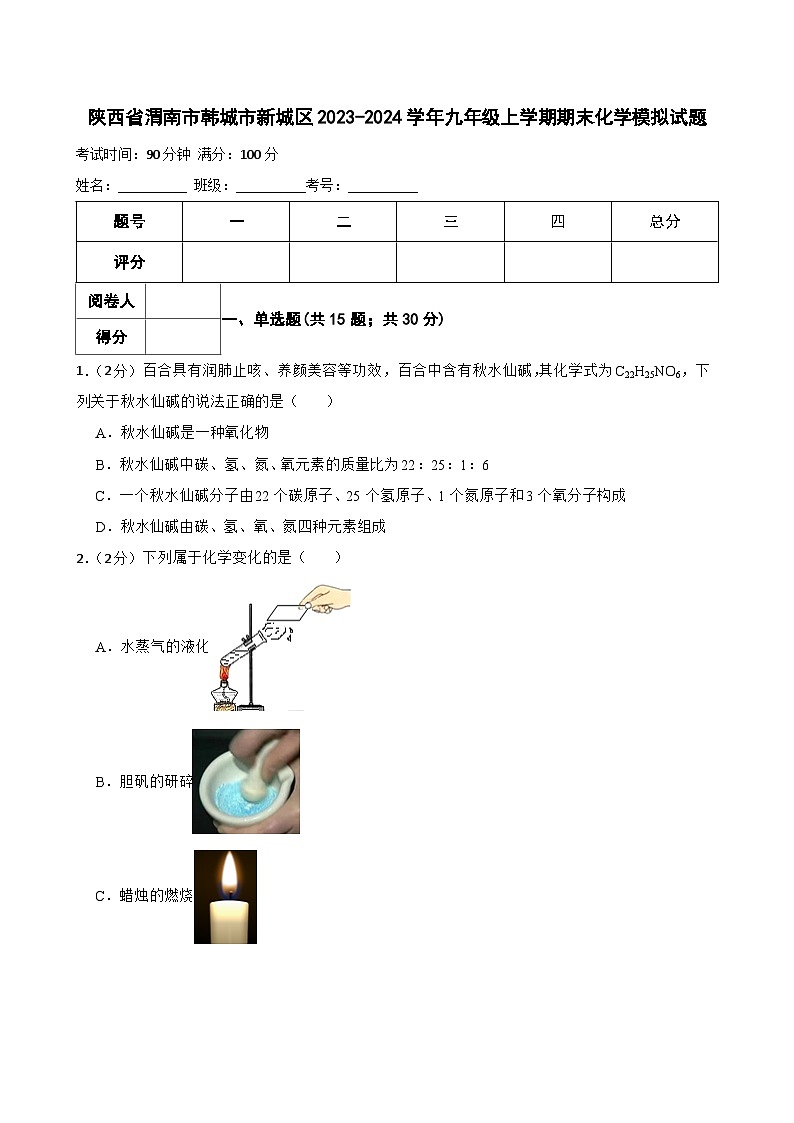陕西省渭南市韩城市新城区2023-2024学年九年级上学期期末模拟化学试题第1页