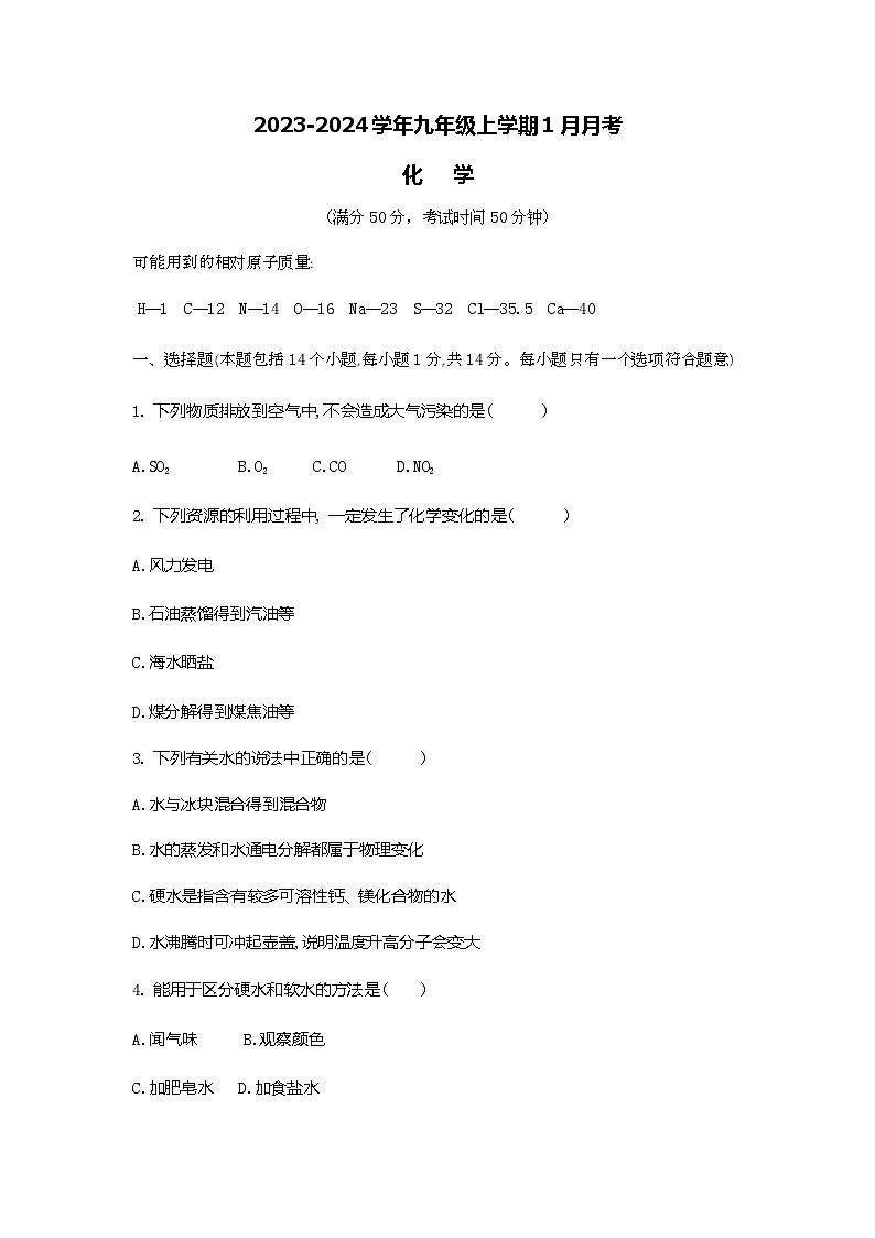 河南省商丘市民权县2023-2024学年九年级上学期1月月考化学试题01