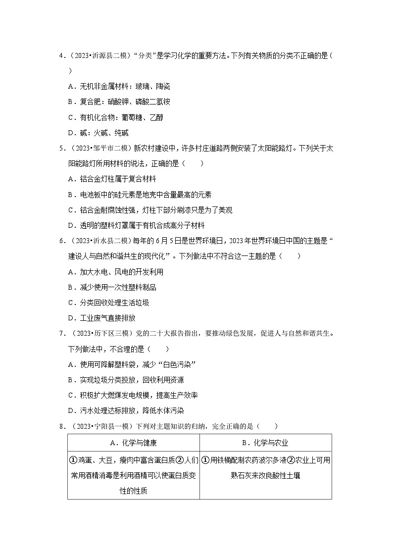 三年山东中考化学模拟题分类汇编之化学与生活第2页