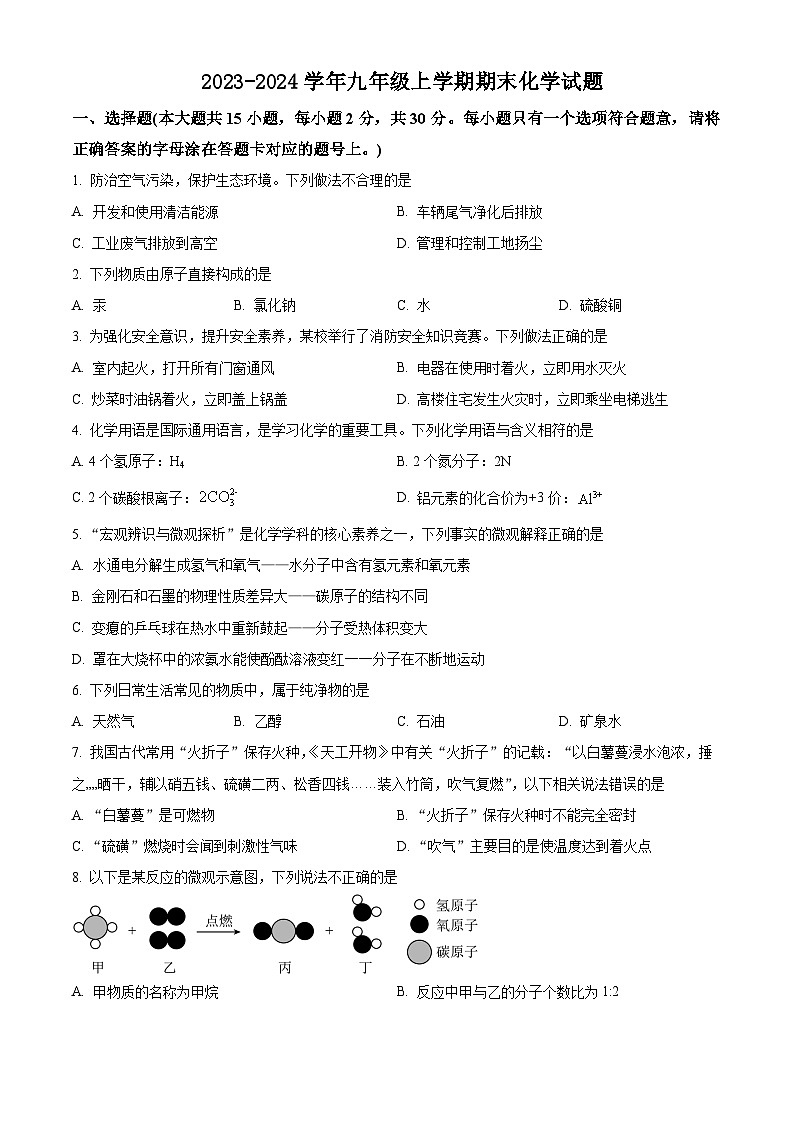 江苏省盐城市阜宁县2023-2024学年九年级上学期期末化学模拟试题第1页