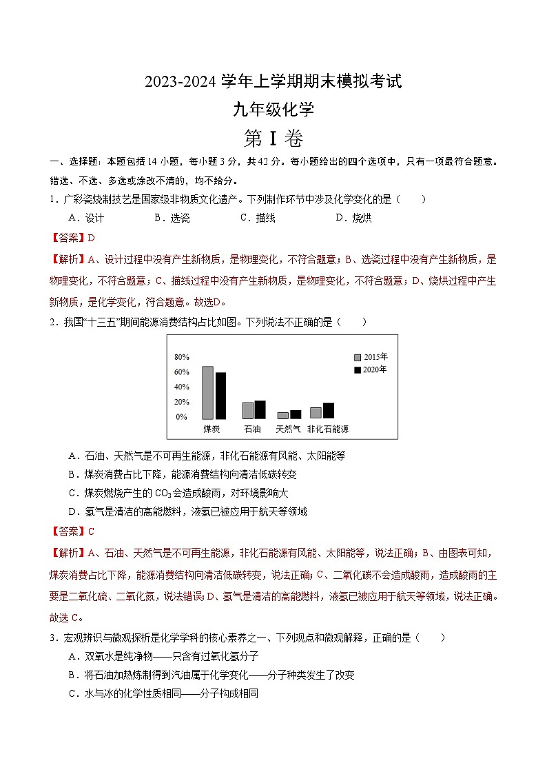 九年级化学期末模拟卷（广州专用，人教版1-8单元）-2023-2024学年初中上学期期末模拟考试01