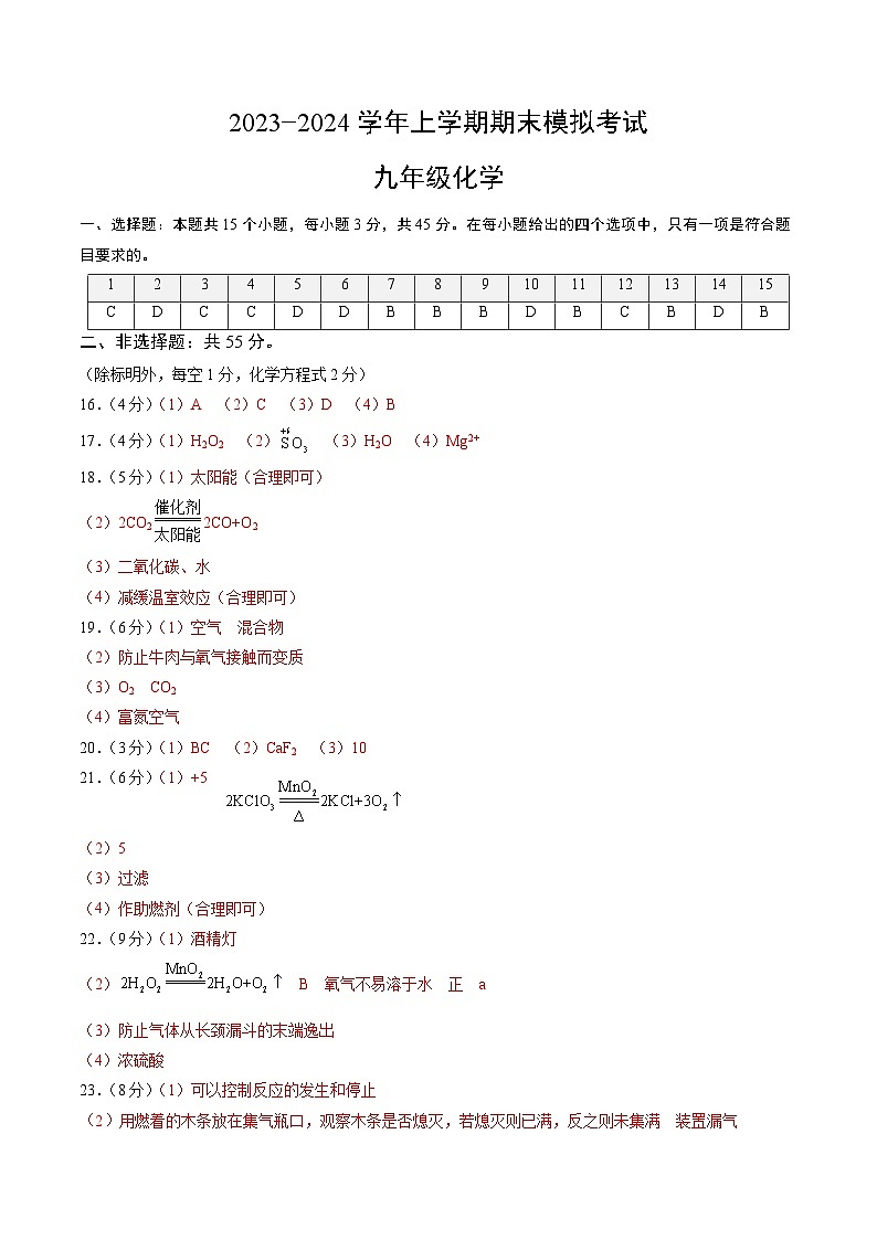 九年级化学期末模拟卷（湖南专用，人教版上册全部）-2023-2024学年初中上学期期末模拟考试01