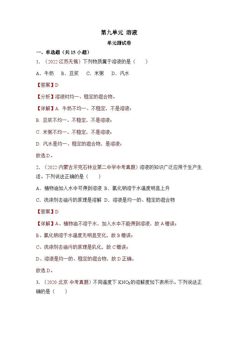 人教版九年级化学下册同步精品练习 《溶液》单元测试（原卷版+教师版）01