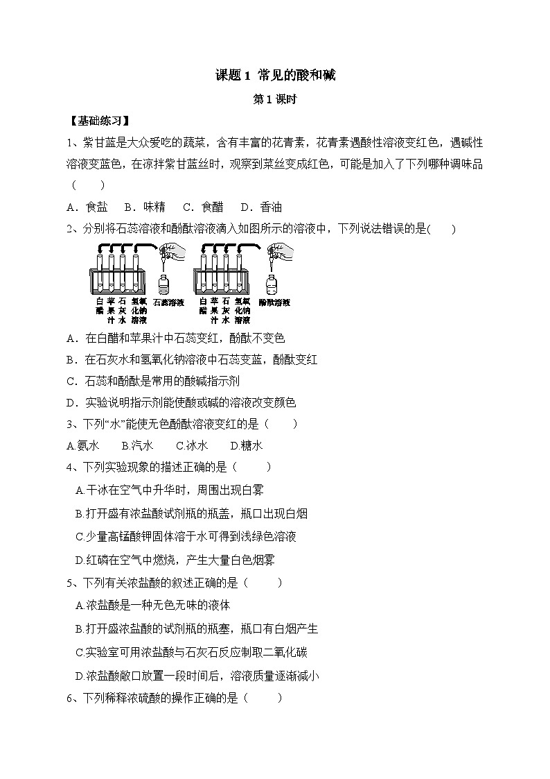 人教版九年级化学下册同步精品练习 《常见的酸和碱》第1课时分层作业（原卷版）第1页