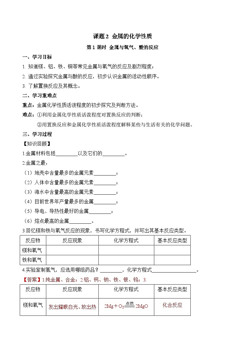 人教版九年级化学下册同步精品练习 《金属的化学性质》第1课时导学案（原卷版+教师版）01