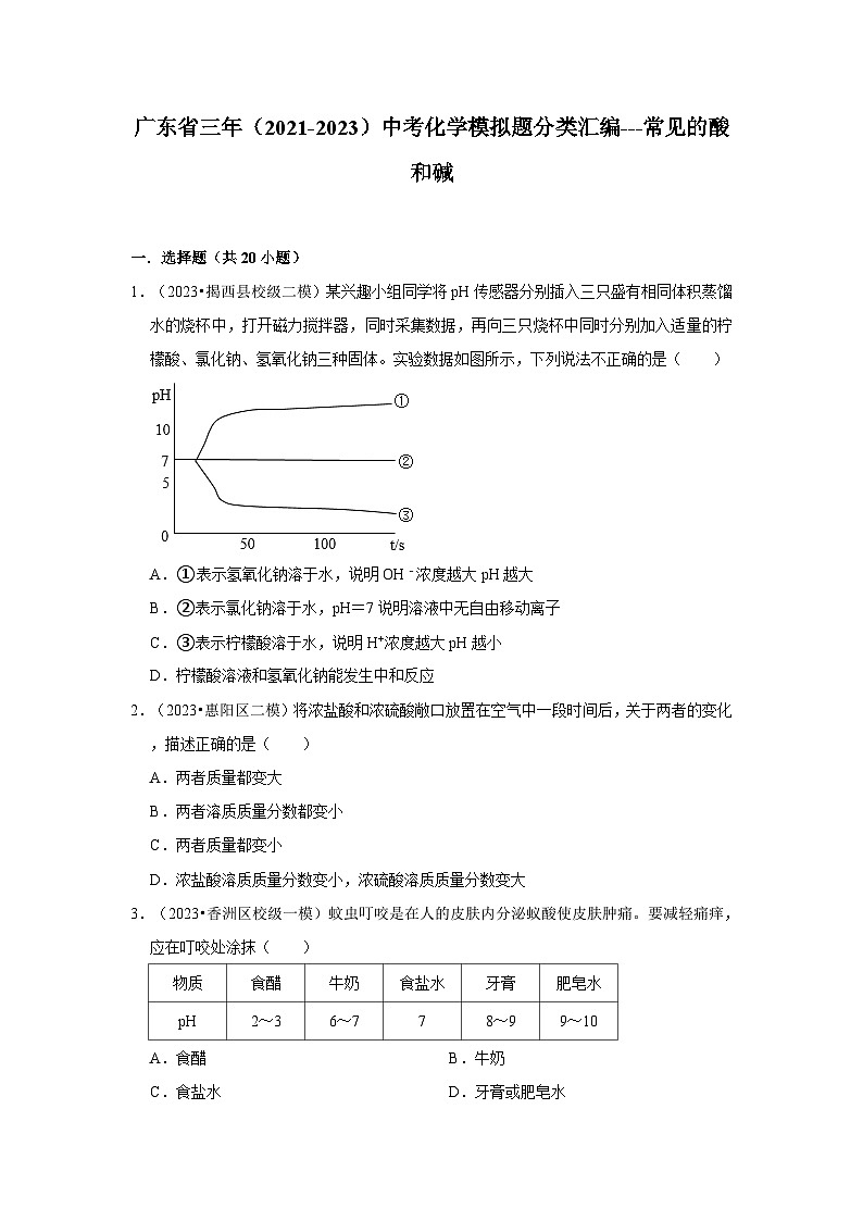 广东省3年（2021-2023）中考化学模拟题分类汇编---常见的酸和碱01
