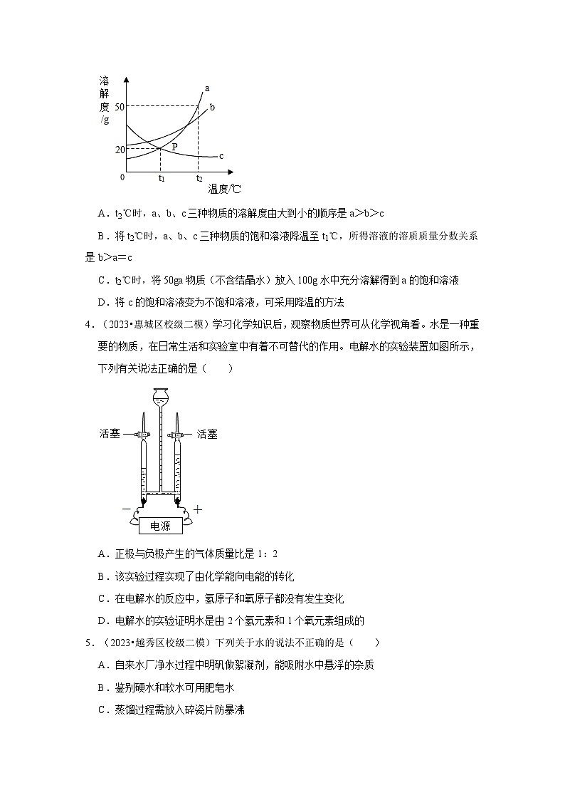 广东省3年（2021-2023）中考化学模拟题分类汇编---水与常见的溶液02