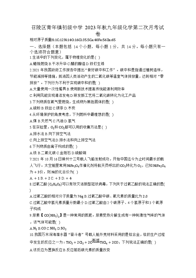 河南省漯河市召陵区青年镇初级中学2023-2024学年九年级上学期1月月考化学试题01