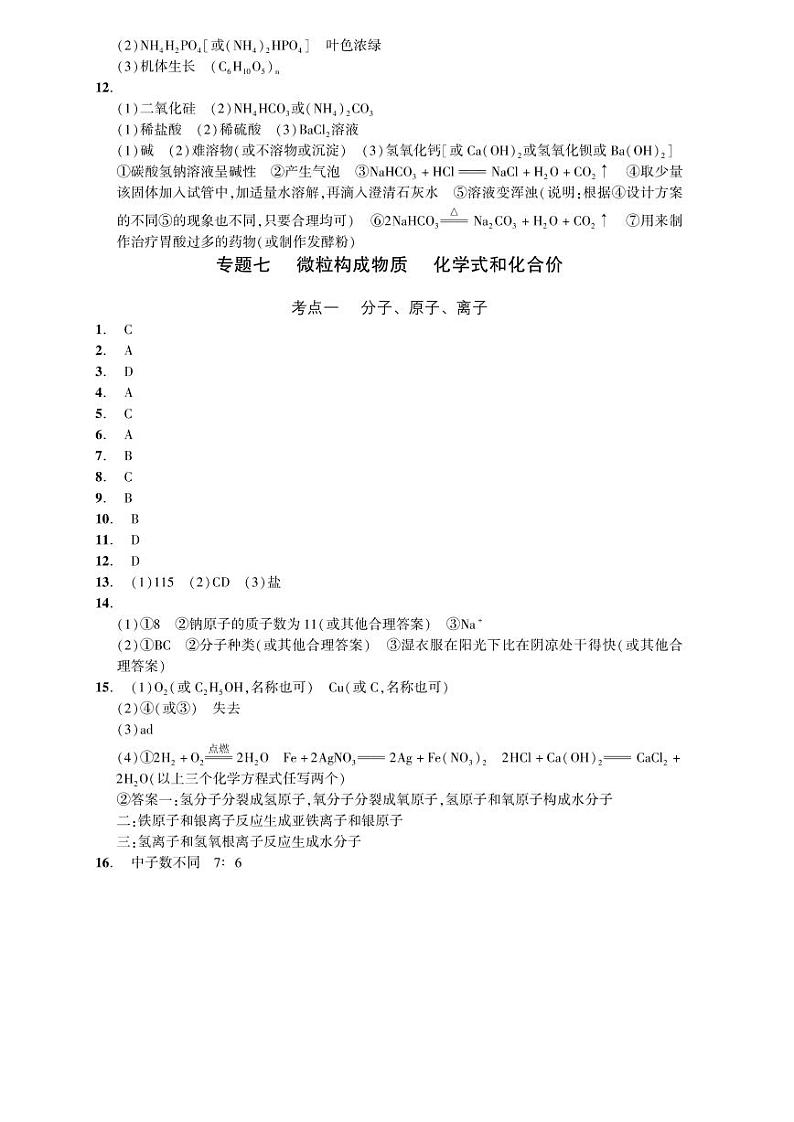 2023化学中考集训：专题七 微粒构成物质 化学式和化合价（PDF版含答案）01