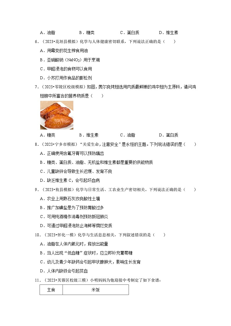 湖南3年（2021-2023）中考化学模拟题分类汇编---化学与生活02