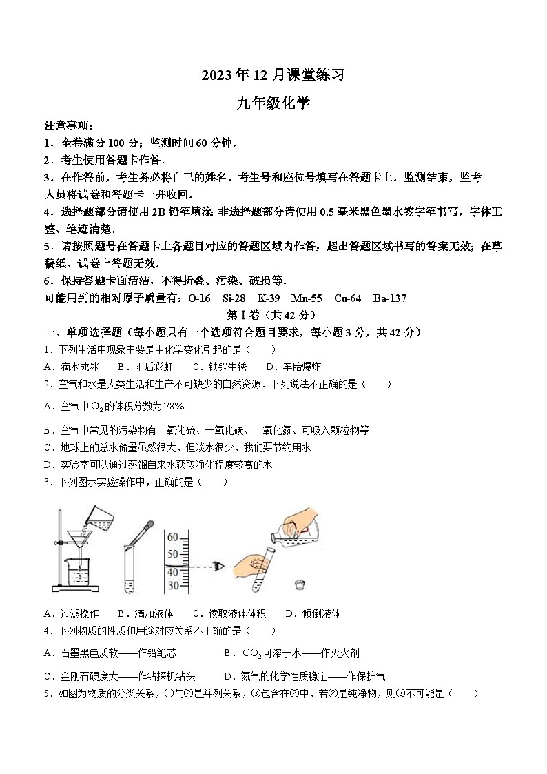 四川省成都市高新区联考2023-2024学年九年级上学期12月课堂练习化学试题第1页