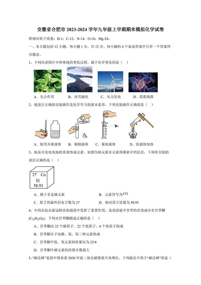 安徽省合肥市2023-2024学年九年级上学期期末模拟化学试卷（含答案）第1页