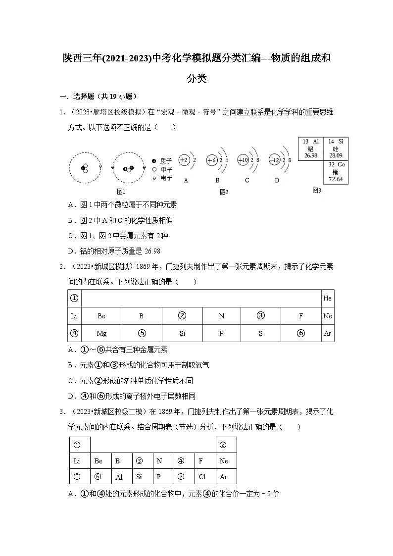 物质的组成和分类---陕西三年(2021-2023)中考化学模拟题分类汇编01