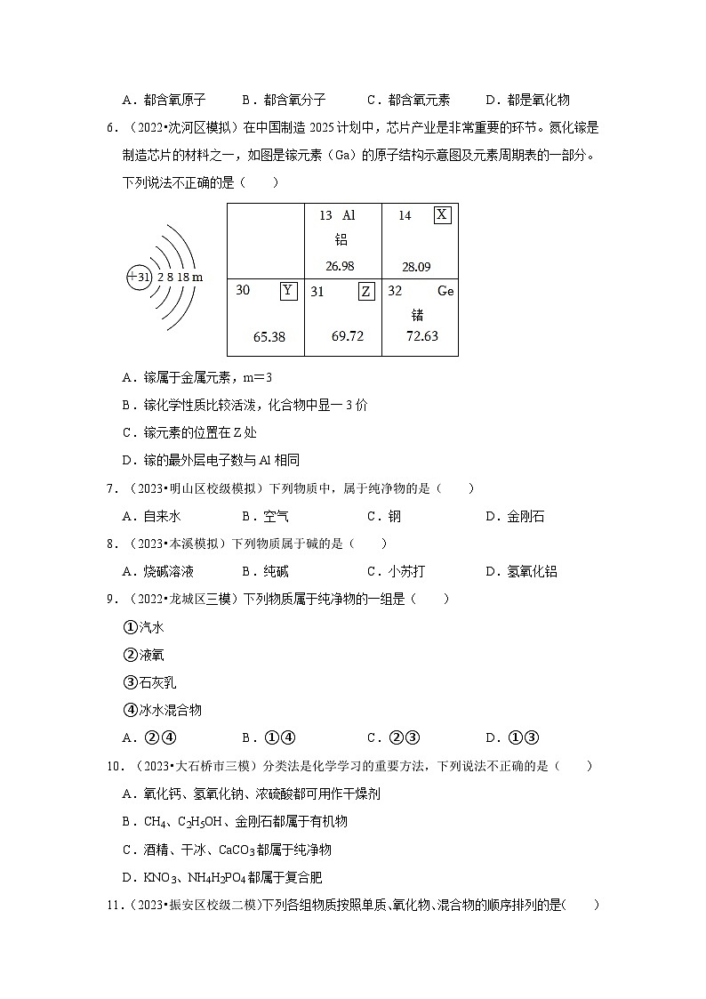 三年辽宁中考化学模拟题分类汇编之物质的组成和分类02