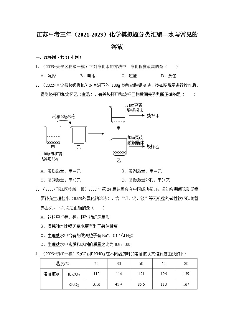 水与常见的溶液---江苏三年（2021-2023）中考化学模拟题分类汇编01