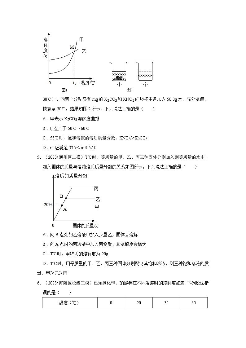 水与常见的溶液---江苏三年（2021-2023）中考化学模拟题分类汇编02