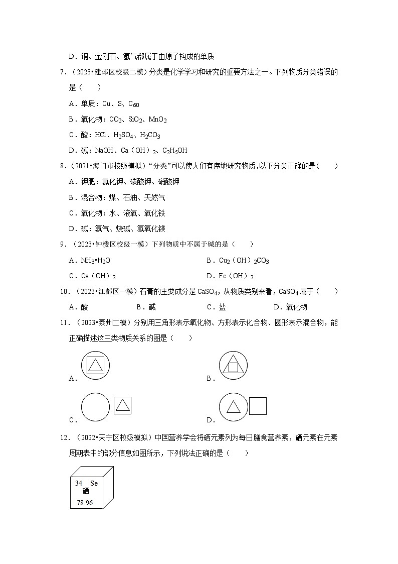 物质的组成和分类---江苏三年（2021-2023）中考化学模拟题分类汇编第2页