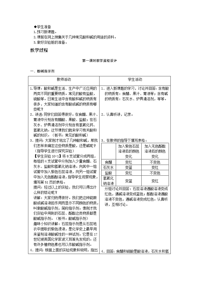 【基于核心素养的教学】课题1 《常见的酸和碱》教学设计（三课时）+分层作业02