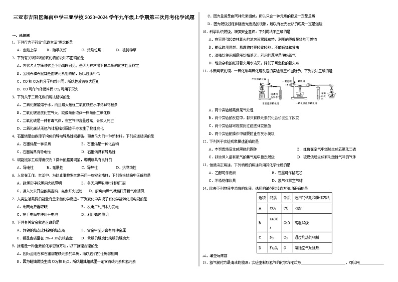 海南省三亚市吉阳区海南中学三亚学校2023-2024学年九年级上学期第三次月考化学试题第1页