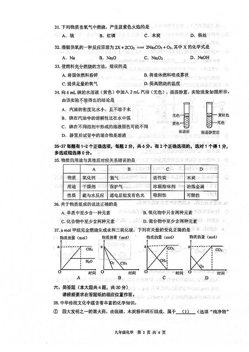 2024年上海市奉贤区中考一模化学试题02