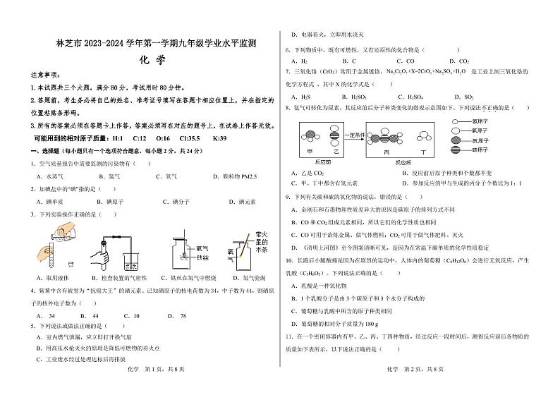 西藏林芝市2023-2024学年九年级上学期期末考试化学试题第1页