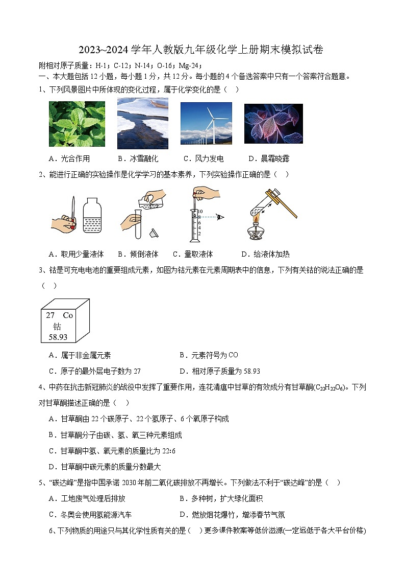 安徽省合肥市第四十一中学2023~2024学年九年级上学期期末模拟化学试卷第1页
